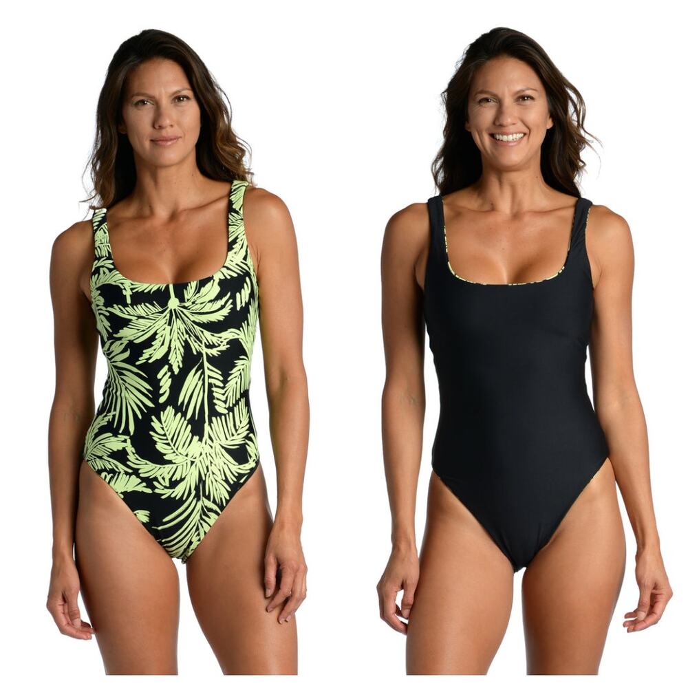 CITRUS Reversible Tropical Palm Print One Piece Swimsuit Womens 4 Green Black